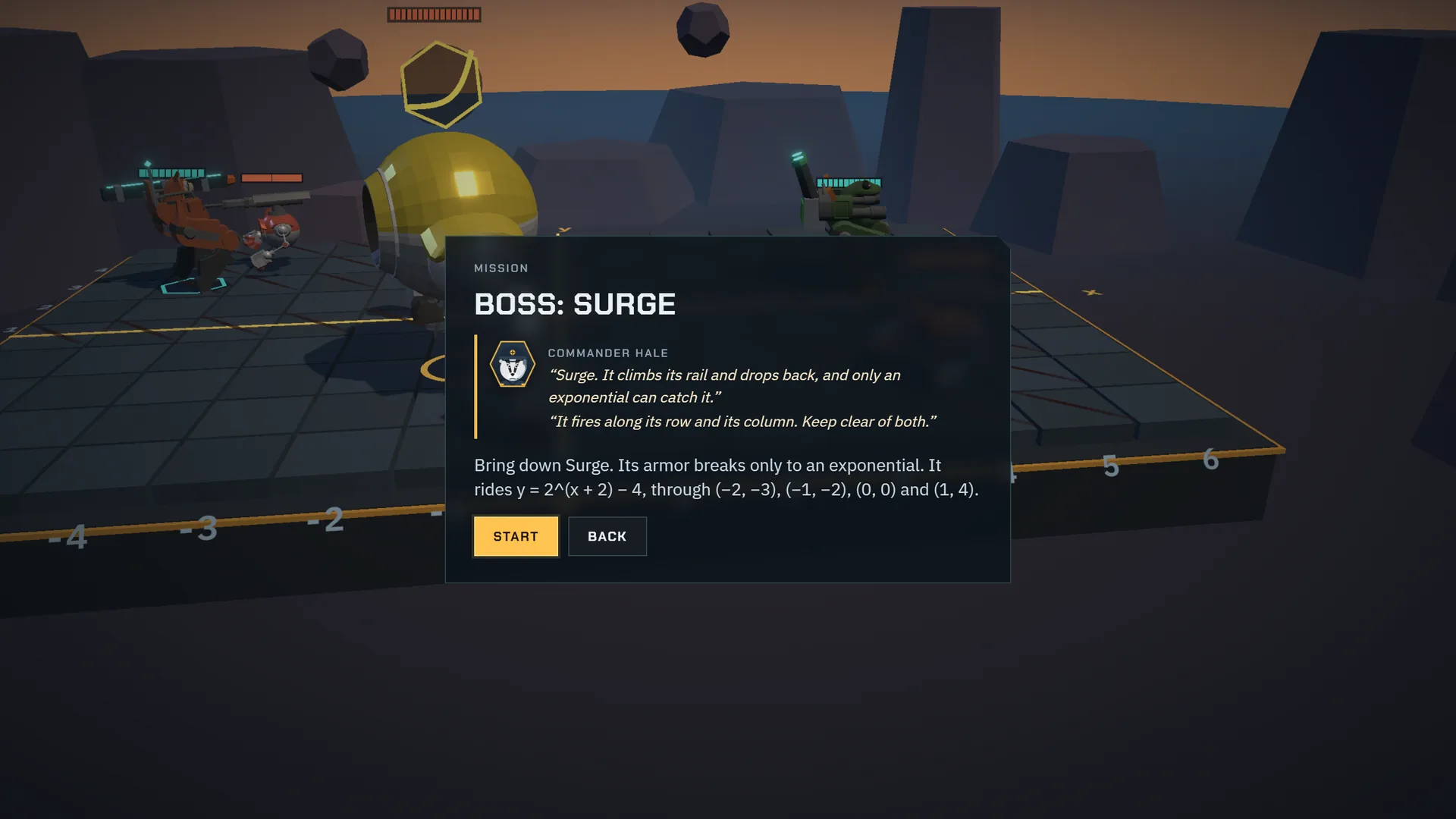 A mission briefing over the arena: Commander Hale, a badger officer, explains that the boss Surge rides y = 2^(x + 2) - 4, with Start and Back buttons