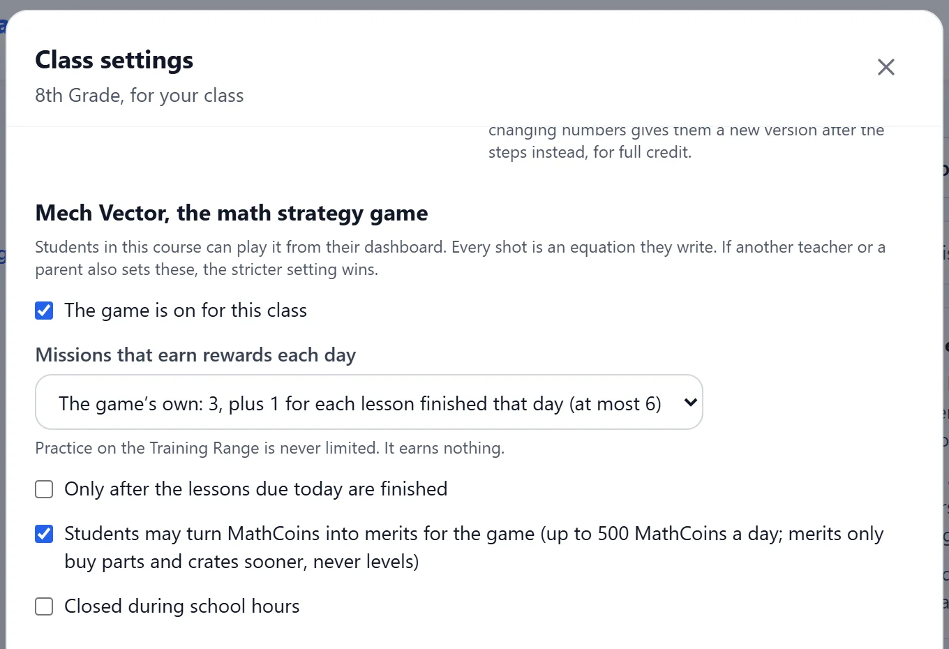 The Class settings dialog with its Mech Vector section: game on, rewarded missions a day, after today's lessons, school hours, and Get Merits