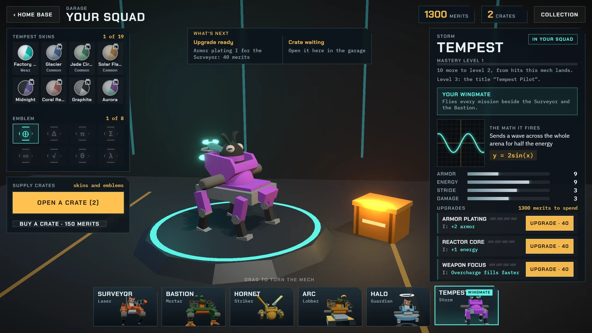 The garage: a purple mech on its pad beside a supply crate, its skins and emblems on the left, its stats and upgrades on the right, and the six mechs of the squad along the bottom