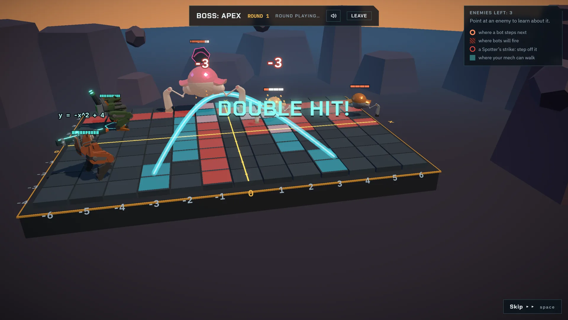 The parabola y = -x² + 4 firing across the board and hitting two enemies, with "Double hit!" over the arena