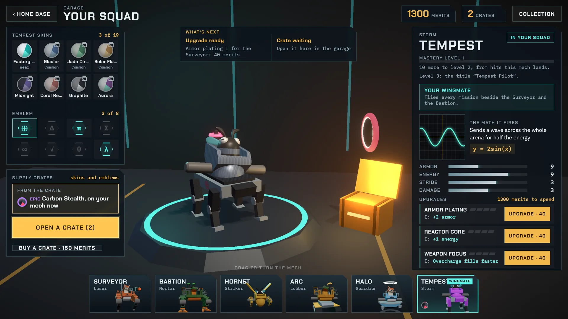 A supply crate opened in the garage: an epic skin, Carbon Stealth, now on the student's mech