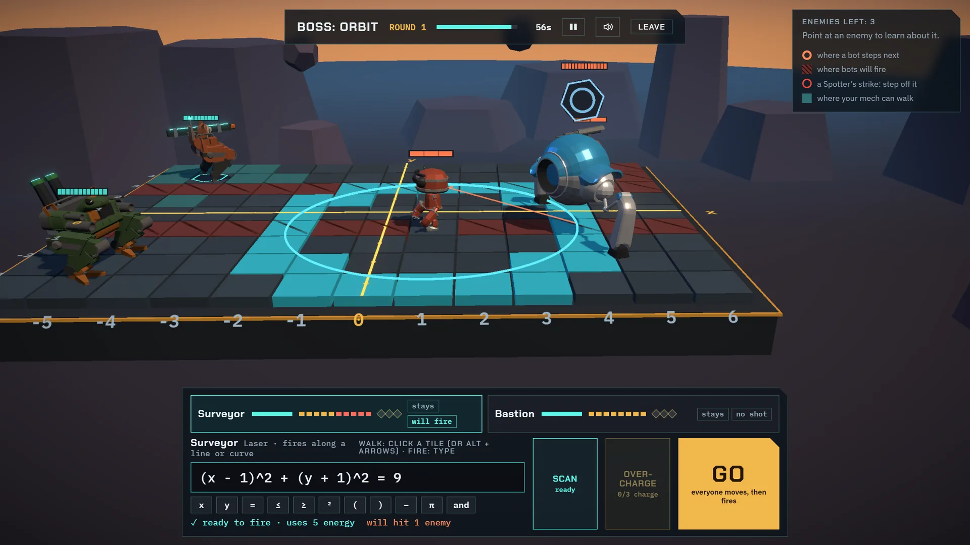 The circle (x - 1)² + (y + 1)² = 9 typed into the command panel and drawn on the board around an enemy, with "will hit 1 enemy" under it